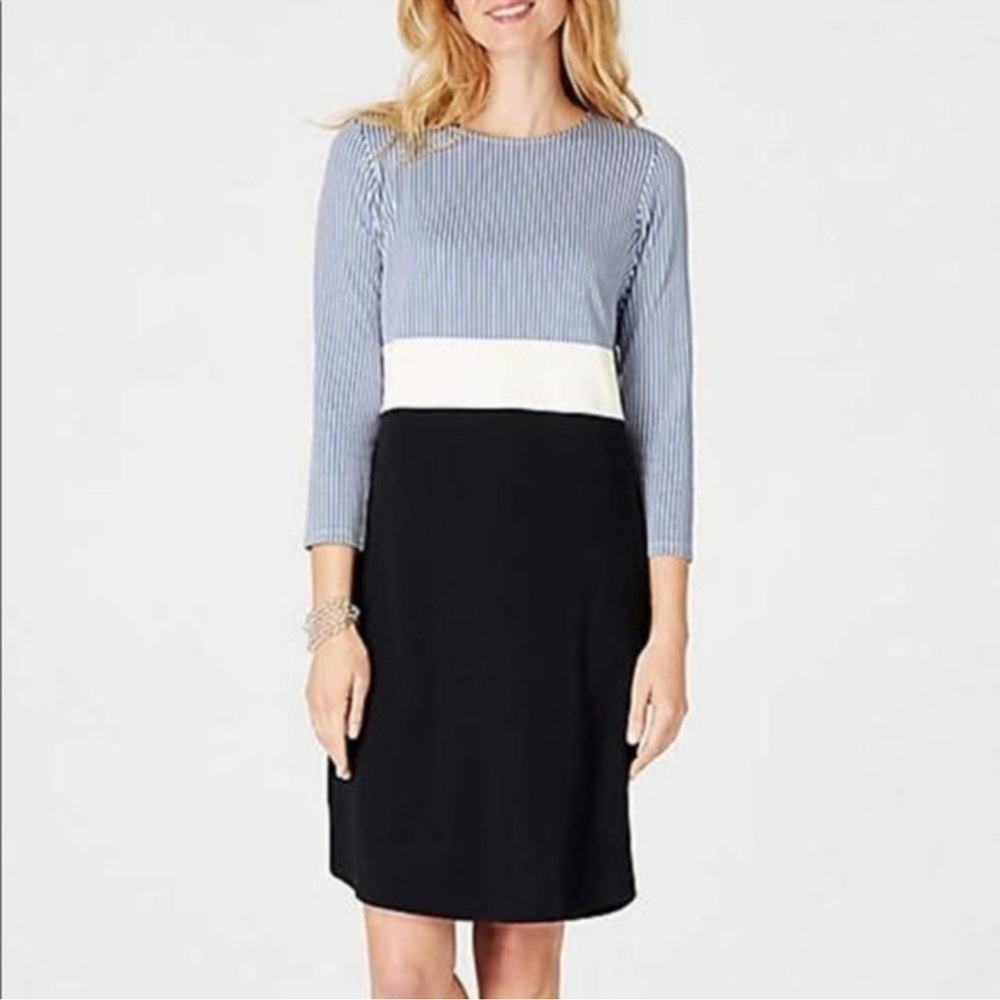 J.  Jill Striped Colorblock Dress 3/4 Sleeve Blue White Black size Large